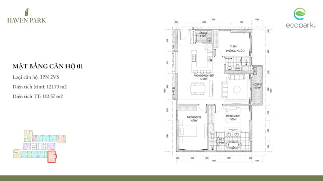 Mặt bằng Haven Park: Căn 01 · 3PN · 112,6 m² thông thủy