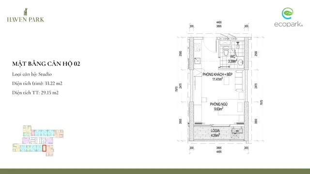 Mặt bằng Haven Park: Căn 02 · Studio · 29,2 m² thông thủy