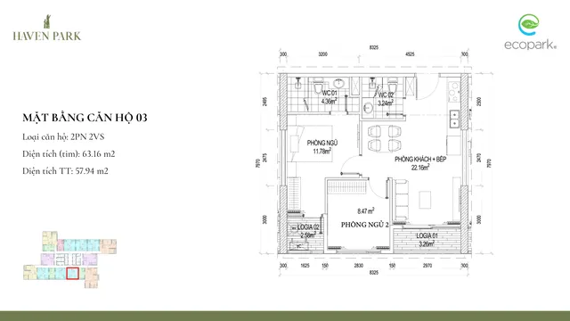 Mặt bằng Haven Park: Căn 03 · 2PN · 57,9 m² thông thủy