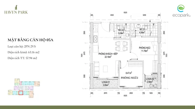 Mặt bằng Haven Park: Căn 05A · 2PN · 57,9 m² thông thủy