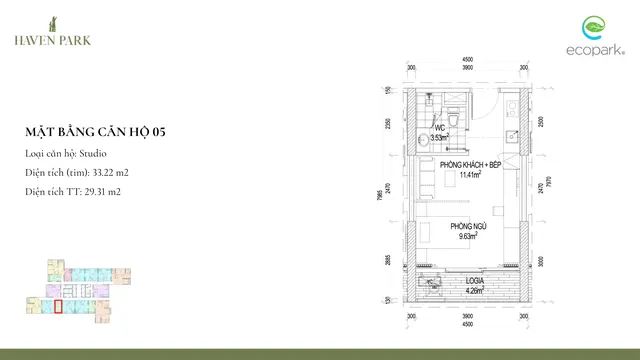 Mặt bằng Haven Park: Căn 05 · Studio · 29,3 m² thông thủy