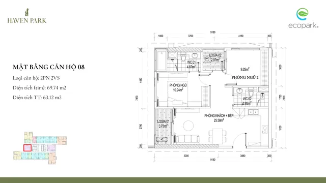 Mặt bằng Haven Park: Căn 08 · 2PN · 63,1 m² thông thủy
