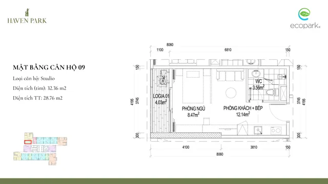 Mặt bằng Haven Park: Căn 09 · Studio · 28,8 m² thông thủy