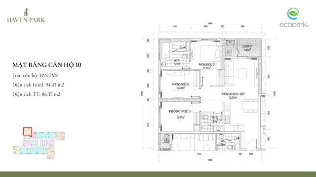 Mặt bằng Haven Park: Căn 10 · 3PN · 86,4 m² thông thủy