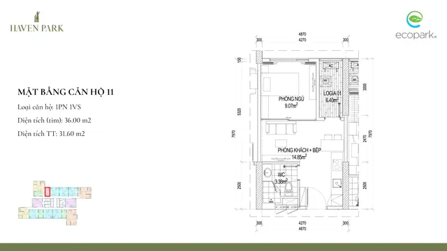 Mặt bằng Haven Park: Căn 11 · 1PN · 31,6 m² thông thủy