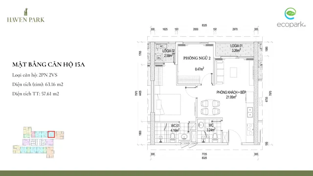 Mặt bằng Haven Park: Căn 15A · 2PN · 57,6 m² thông thủy