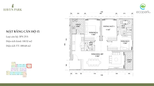 Mặt bằng Haven Park: Căn 15 · 3PN · 100,7 m² thông thủy