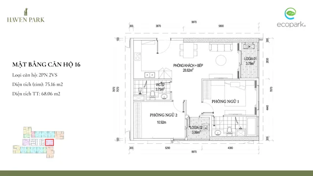 Mặt bằng Haven Park: Căn 16 · 2PN · 68,1 m² thông thủy
