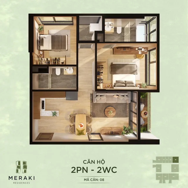 Mặt bằng Meraki (tòa M1): Căn 2PN · mã 08
