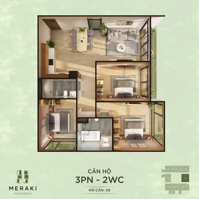 Mặt bằng Meraki (tòa M1): Căn 3PN · mã 09