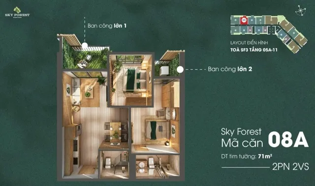 Mặt bằng Sky Forest: Căn 2PN · mã 08A