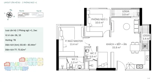 Mặt bằng Sky Oasis: Căn 2PN+1 · S1, S2
