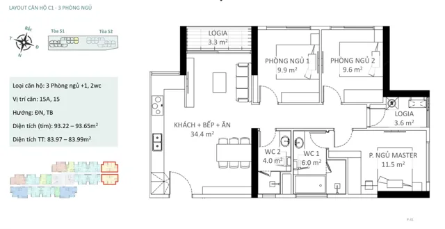 Mặt bằng Sky Oasis: Căn 3PN+1 · S1, S2