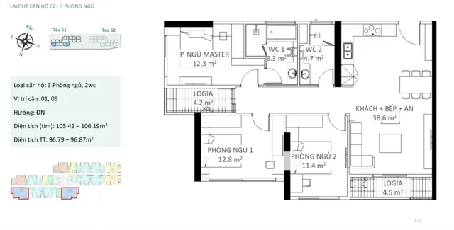 Mặt bằng Sky Oasis: Căn 3PN · S1, S2