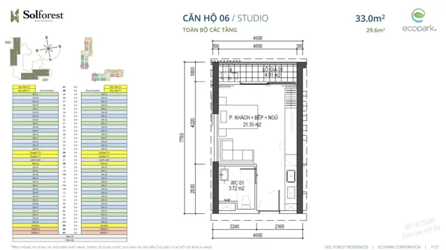 Mặt bằng Sol Forest: Căn Studio