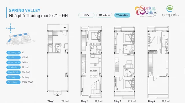 Mặt bằng Spring Valley (1C): Nhà phố 105 m²