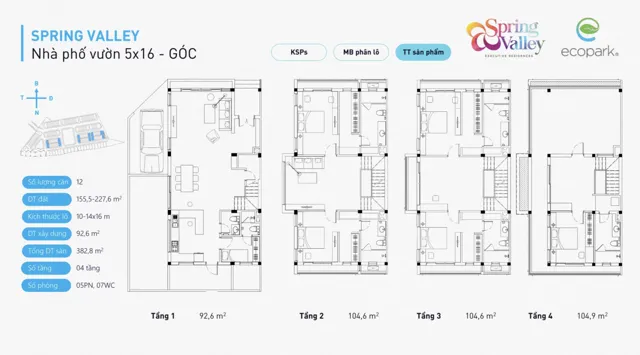 Mặt bằng Spring Valley (1C): Nhà phố 160 m²