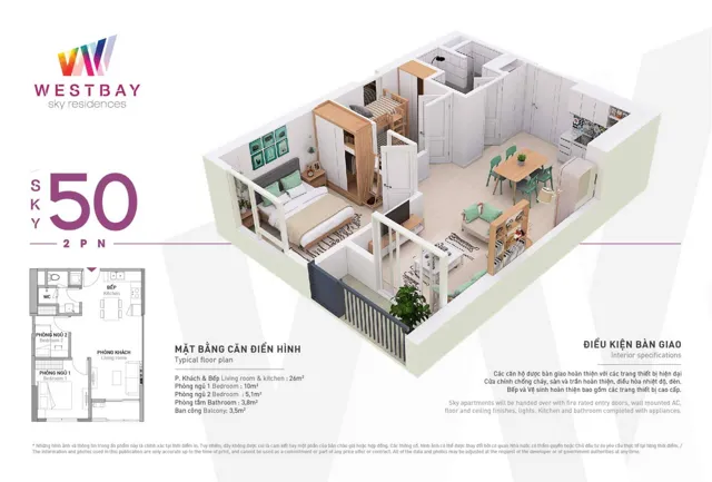 Mặt bằng West Bay: Căn Sky 50 m²