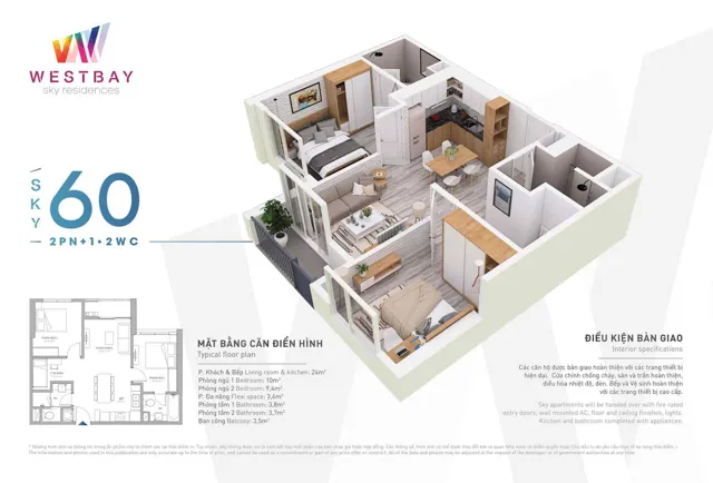 Mặt bằng West Bay: Căn Sky 60 m²