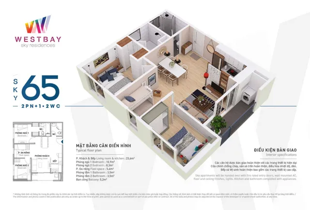 Mặt bằng West Bay: Căn Sky 65 m²
